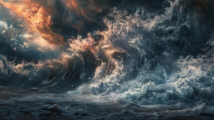 catastrophic deluge and great flood huge tidal wave hitting shore dramatic biblical scene digital painting