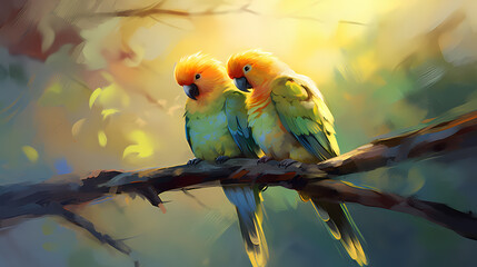 Two colorful love birds sitting on a branch and kissing