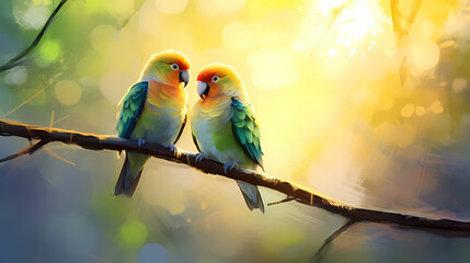 Two colorful love birds sitting on a branch and kissing