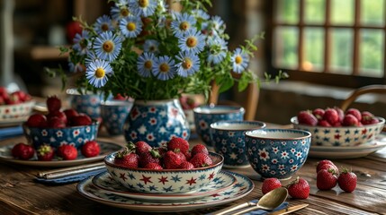 Fototapeta premium Rustic Dining Table with Fresh Strawberries