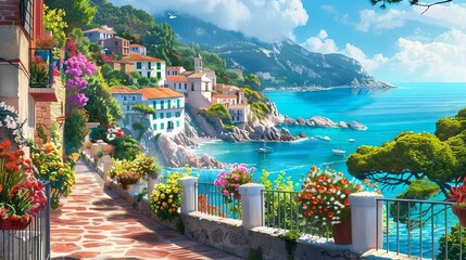 charming seaside town in spain colorful flowers and fences turquoise ocean view idyllic mediterranean landscape digital painting
