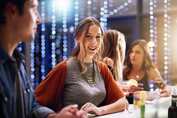 Woman, portrait and smile in club for party, event or nightlife, bonding and friendship with fun or laughter. Friends, cocktail and nightclub for excitement for celebration, birthday and social drink