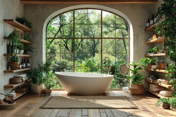 Cozy bathroom with a large window overlooking a lush garden, featuring a freestanding bathtub and rustic decor, creating a serene and natural retreat