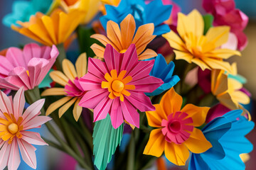 Colorful bouquet of handmade paper flowers. Festa Junina banner with origami flowers. Holiday and craft theme for print, poster, greeting card.