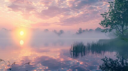 A tranquil lakeside scene at dawn, with fog rising from the water and the first light of day illuminating the sky