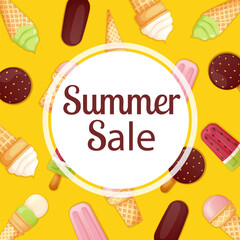 Summer sale, discount, offer poster, banner with ice cream. 