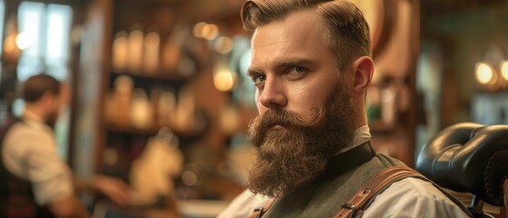 Barber trimming a bearded mans hair in a vintagestyle barbershop