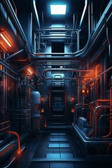 Futuristic industrial 3D backdrop, metallic structures, neon highlights, dark atmosphere, sharp focus