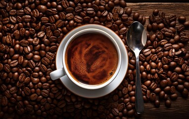 Fototapeta premium Overhead image of a coffee cup encircled by coffee beans, capturing the essence of a perfect morning brew focus on rich aroma, dynamic, blend mode, cafe table backdrop