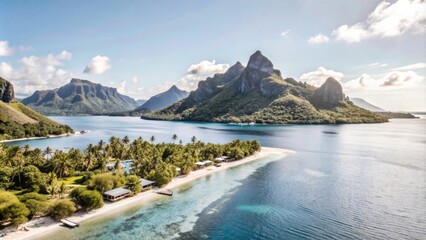 Aerial view of the turquoise sea and lush greenery on Mo'chi, French Polynesia with black sand beaches.