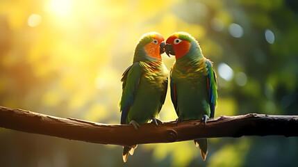 Two colorful love birds sitting on a branch and kissing