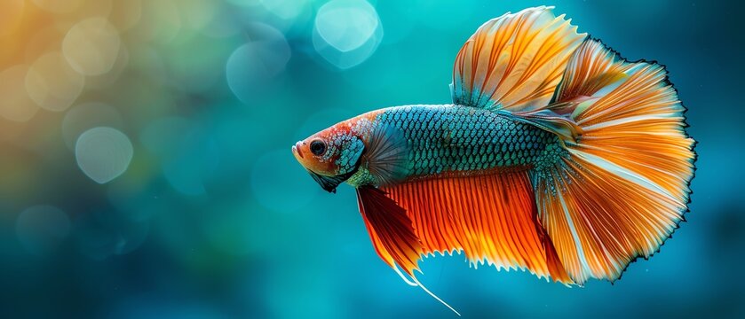 Colorful Betta fish against a blue background, elegant fins, detailed view