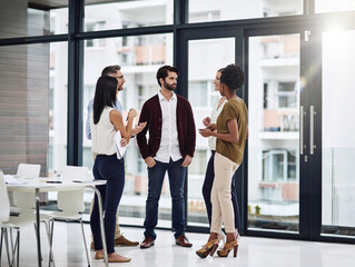 Business people, teamwork and meeting for planning in office with discussion, brainstorming and company review. Collaboration, employees and conversation for project feedback and corporate strategy