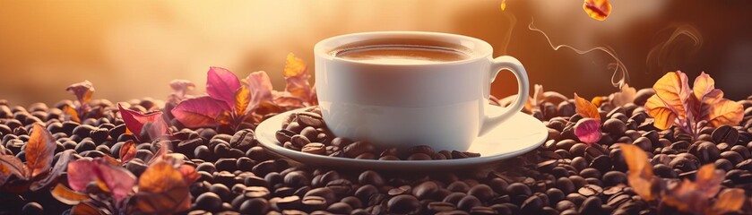 Overhead shot of a coffee cup with coffee beans scattered around, capturing the perfect morning brews essence focus on aromatic bliss, ethereal, double exposure, cozy backdrop