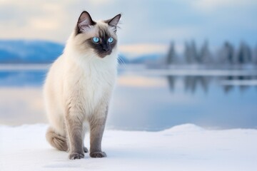 Portrait of a cute balinese cat in backdrop of a frozen winter lake
