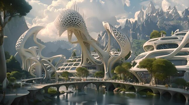 Futuristic hihgh tech dragon-shaped building in the mountains 