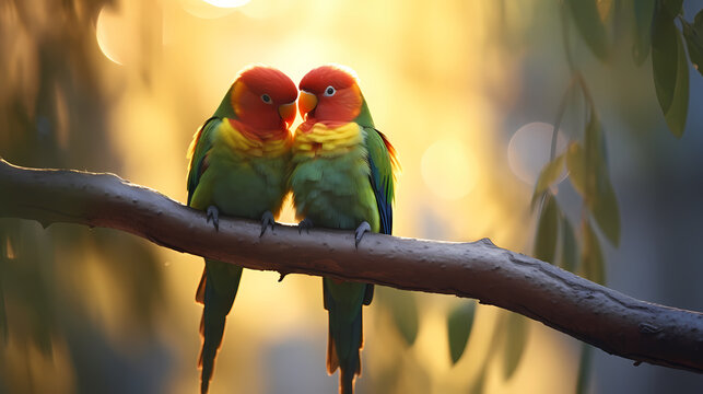 Two colorful love birds sitting on a branch and kissing
