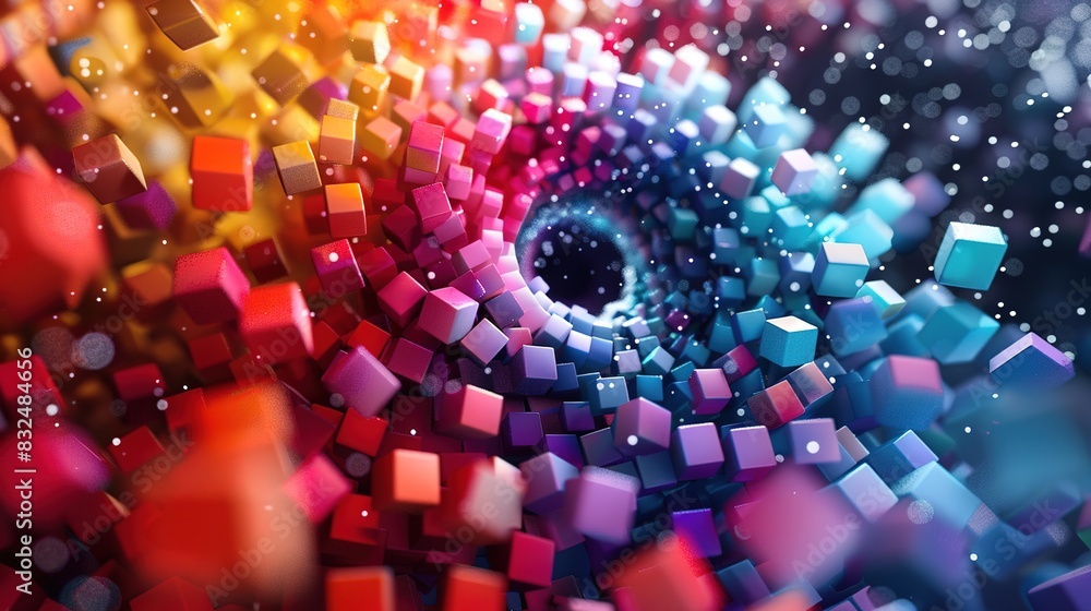 Poster background with a spiral of floating, multicolored cubes