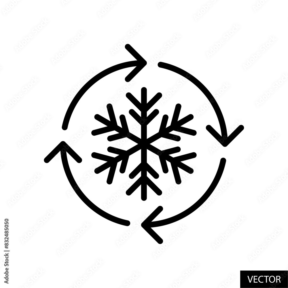 Poster snowflake with four circular arrows, freezer control, refrigerator auto cooling and defrost icon in 