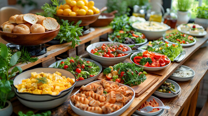 diverse dishes on a rustic wooden table, featuring fresh salads, grilled vegetables, savory meats, and assorted desserts, all beautifully presented and garnished with herbs