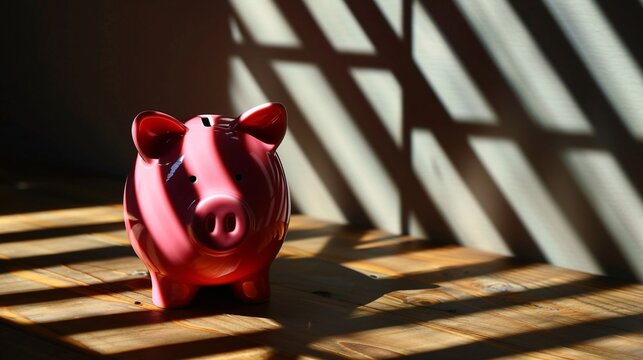 Prison Bars Shadows on a Piggy Bank Symbolizing a Financial Criminal