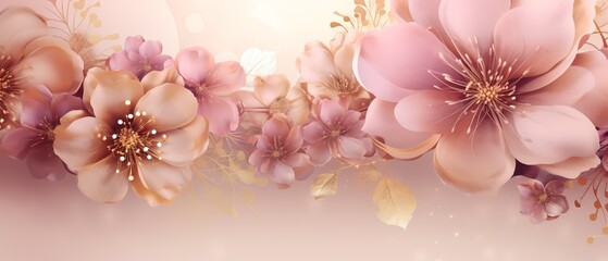 Luxurious background with golden and pink florals, elegant designs, soft shimmer, upscale feel