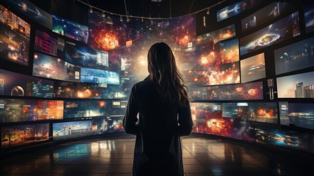 Person enveloped by a video wall displaying multiple streaming channels on TV screens close up, streaming world, realistic, composite, hightech backdrop