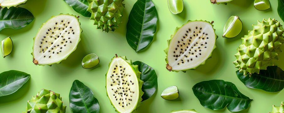 Sliced soursop on a lime green background, exotic and refreshing