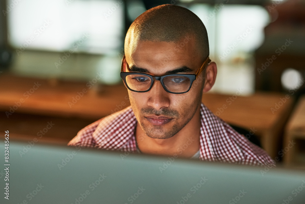 Aufkleber business, man and computer in office at night as web designer for research, information and creative