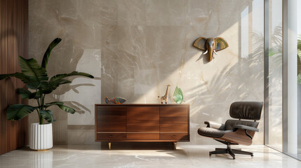 Luxury Modern Interior With Wooden Cabinet and Leather Chair