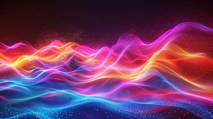 background with a dynamic wave of glowing neon lights in rainbow colors