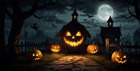 Fototapeta premium Pumpkins In Graveyard In The Spooky Night with Haunted house and Halloween Pumpkins happy Halloween Background