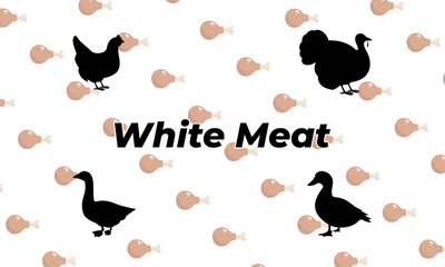 Vector animals, white meat icons. Solid signs. Chicken, turkey, goose, duck. Colored, chicken leg pattern, backgraund. Popular meat concept.