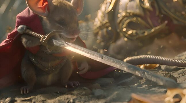 A little mouse takes a sword in red overcoat