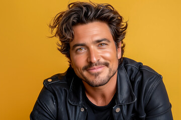 Obraz premium Portrait of handsome adult hispanic man wearing black jacket posing in front of yellow background in studio.