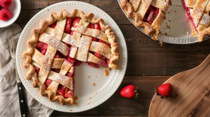 freshly baked Homemade Strawberry Rhubarb Pie slices on a white cake plate on a wooden table, flat lay