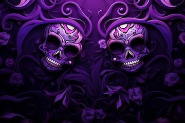 Fototapeta premium Stylish modern background celebrating Dia de los Muertos, abstract in deep purple and black, flowing lines