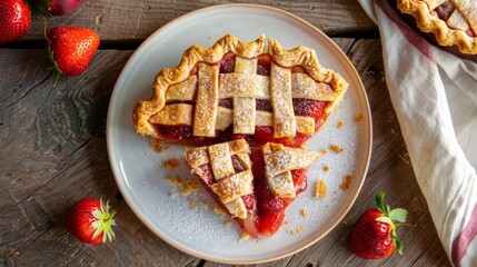 freshly baked Homemade Strawberry Rhubarb Pie slices on a white cake plate on a wooden table, flat lay