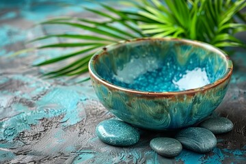 Artistic arrangement of turquoise bowls with pebbles and green leaves, creating a tranquil and decorative setting