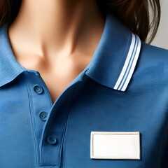 A woman in a blue shirt with a rectangular white label attached, ideal for showcasing clothing branding or product tags.