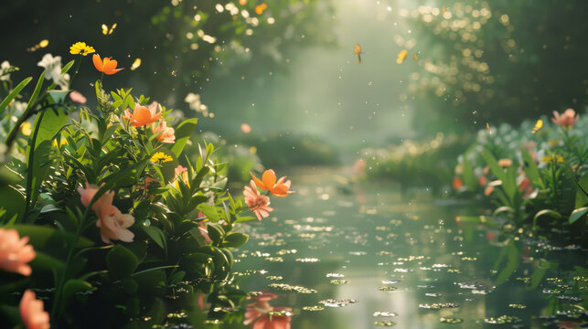  Close-up of a lush, flower-covered bank along one of Eden&trade;s rivers, with small creatures and butterflies flitting about. 