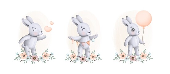 Fototapeta premium Watercolor set of illustrations with plush bunnies in different poses with floral arrangements in a retro romantic style. Perfect for design on printed materials. JPG format 300 dpi
