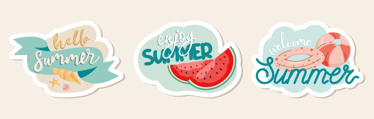 Set of summer stickers with lettering, watermelon, seashells, beach accessories, ball and swim ring. Hello summer cartoon vector illustration.