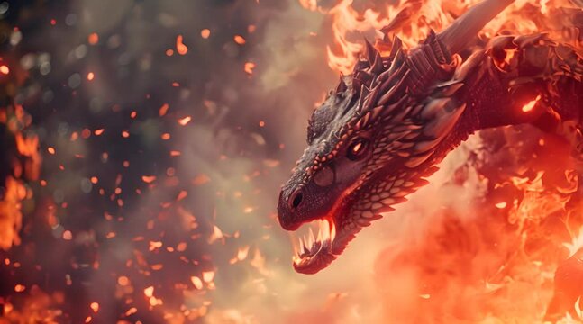 Angry dangerous fantasy dragin spits fire in a hot cave
