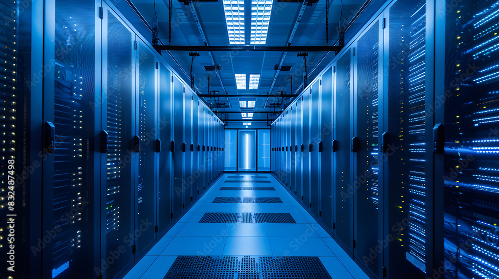 Poster a high-tech server room with illuminated blue lights, filled with rows of data servers, creating a f