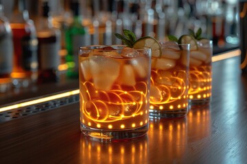 Close up of whiskey glasses with ice on a bar counter, illuminated by warm ambient lighting