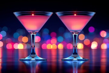 Neon cocktail glasses with colorful lights in the background, creating a vibrant and energetic atmosphere