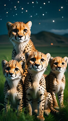 Obraz premium Stunning photo of two playful baby cheetahs posing alongside their graceful mother. The great cheetah In a field full of life and movement Combine the endless environment of the boundless and ethereal