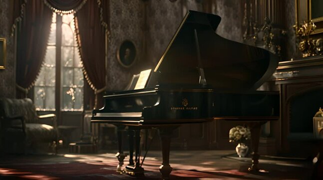 grand piano in the old style in a baroque room 