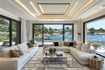 Luxurious living room with panoramic windows, white furniture, and bright natural light, creating an open and airy space